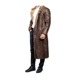 Person wearing a long brown leather coat with a fur-lined hood 
