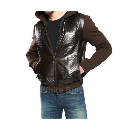 Brown leather jacket with a textured front panel worn by a person 
