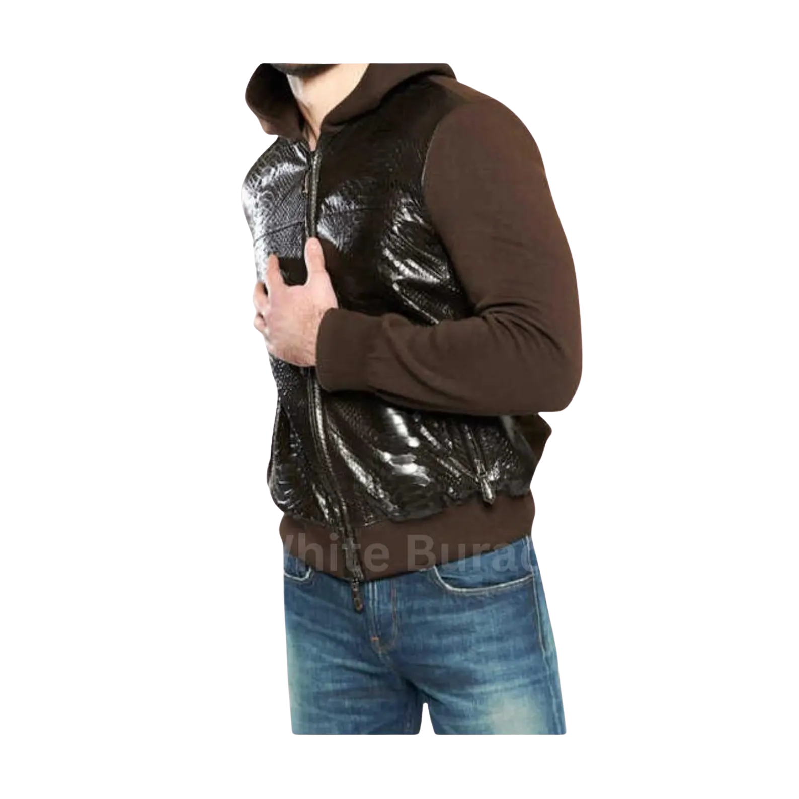 Person wearing a brown hoodie with a shiny black vest over it 