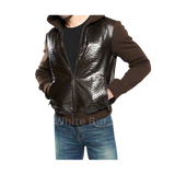 Brown leather jacket with a textured front panel worn by a person 