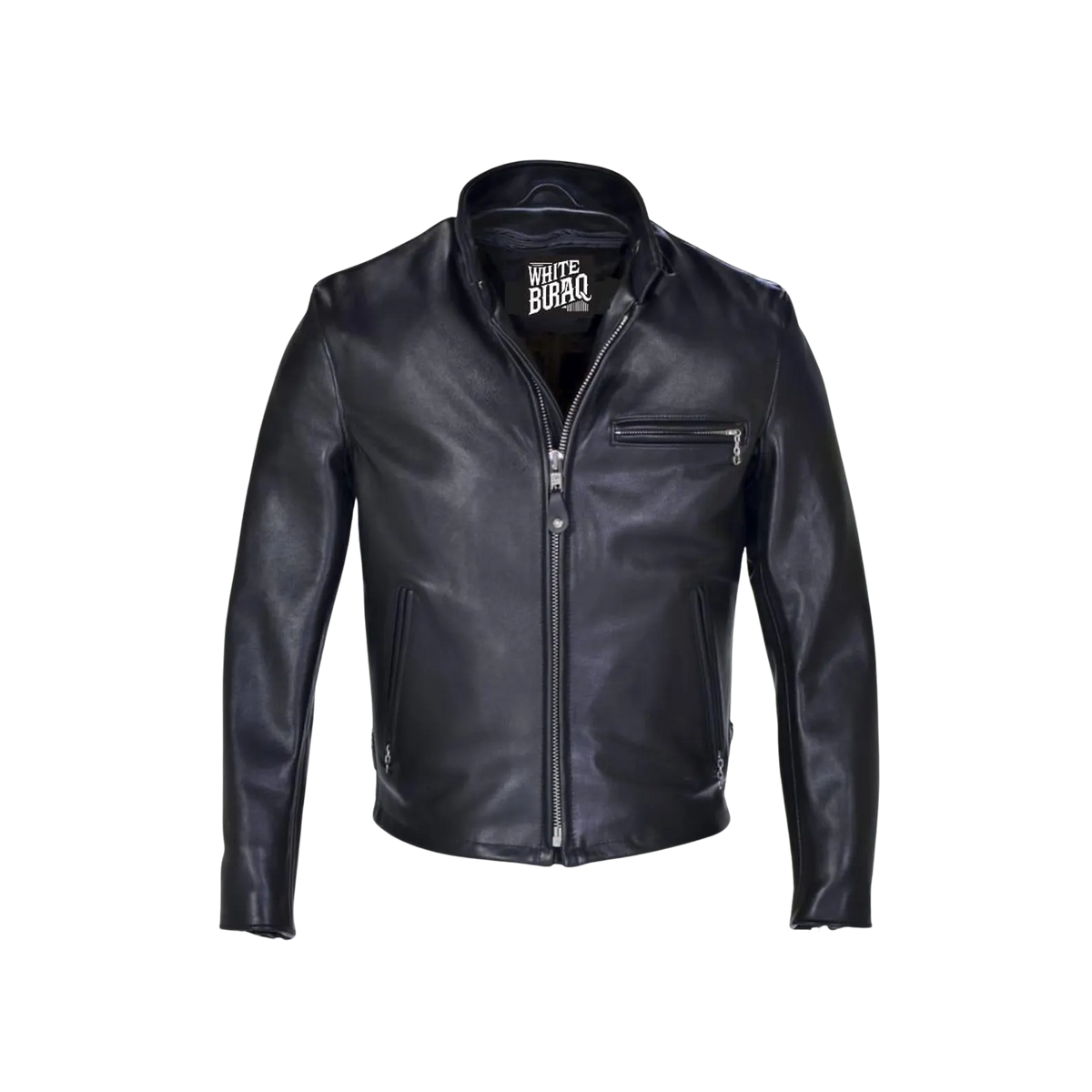 Black leather jacket on a white background