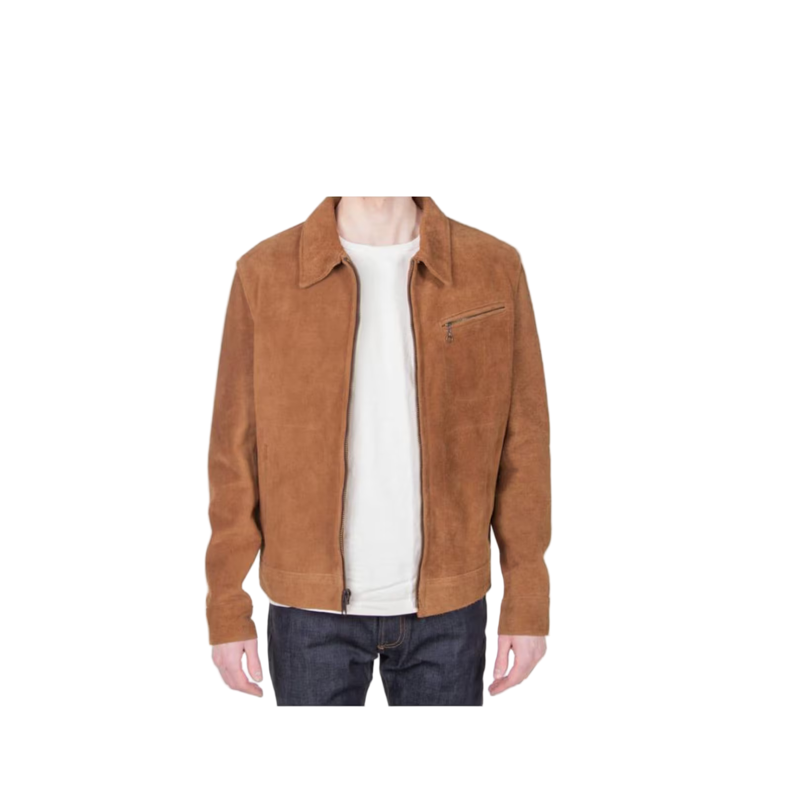 Brown suede jacket worn by a person 