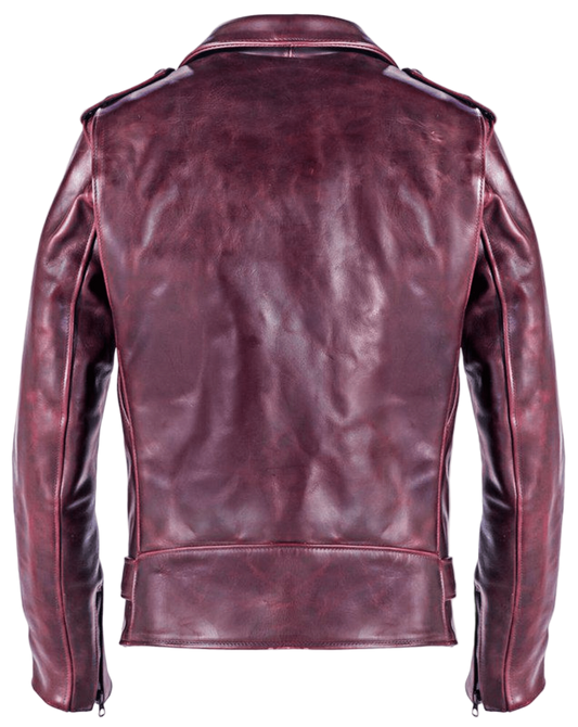 Back view of a maroon leather jacket 