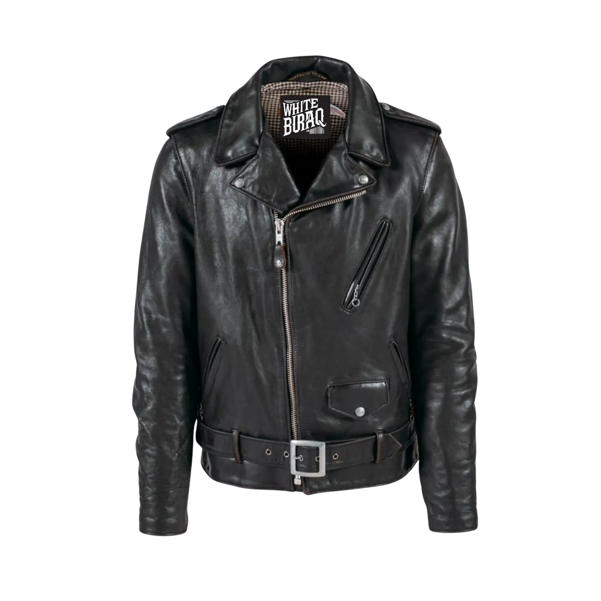 Black leather jacket with visible branding