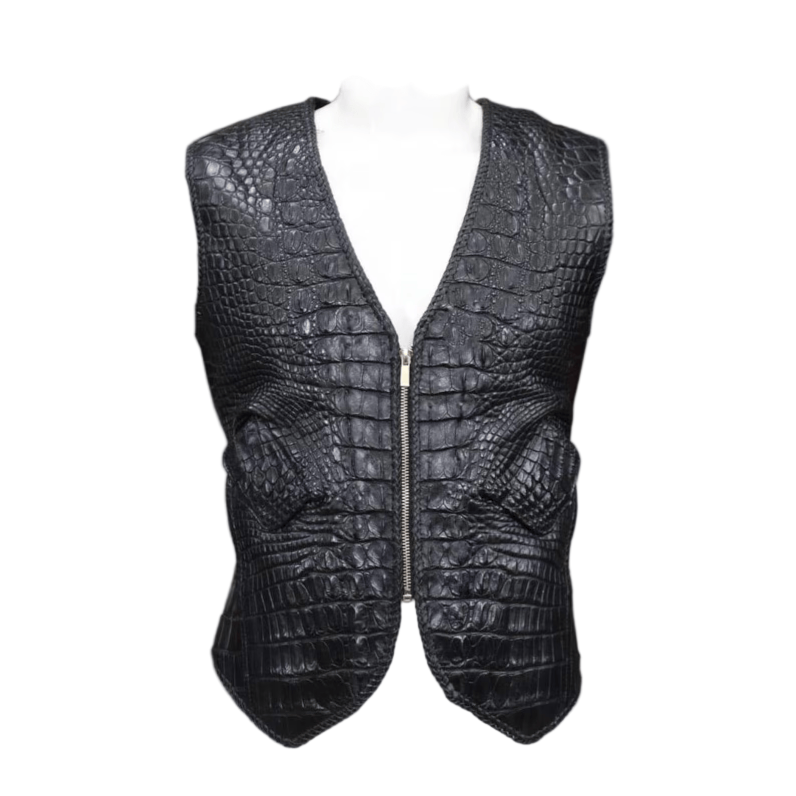 Black crocodile pattern vest on a mannequin