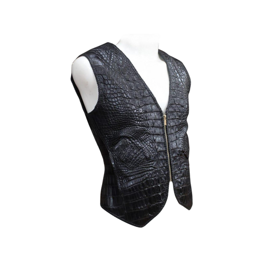 Black crocodile-patterned leather vest on a mannequin against 