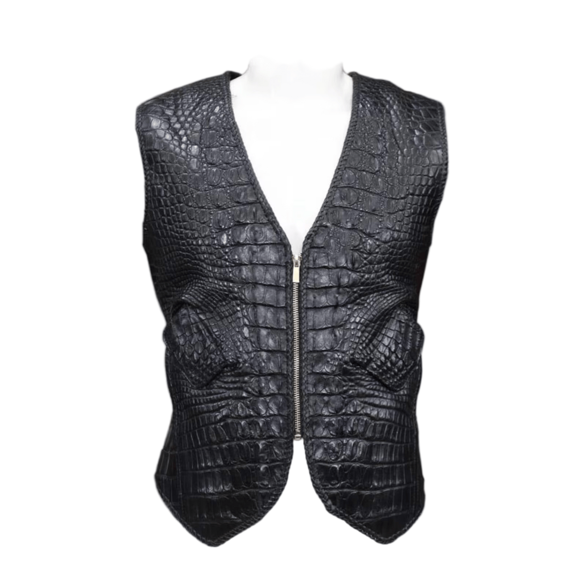 Black crocodile pattern vest on a mannequin