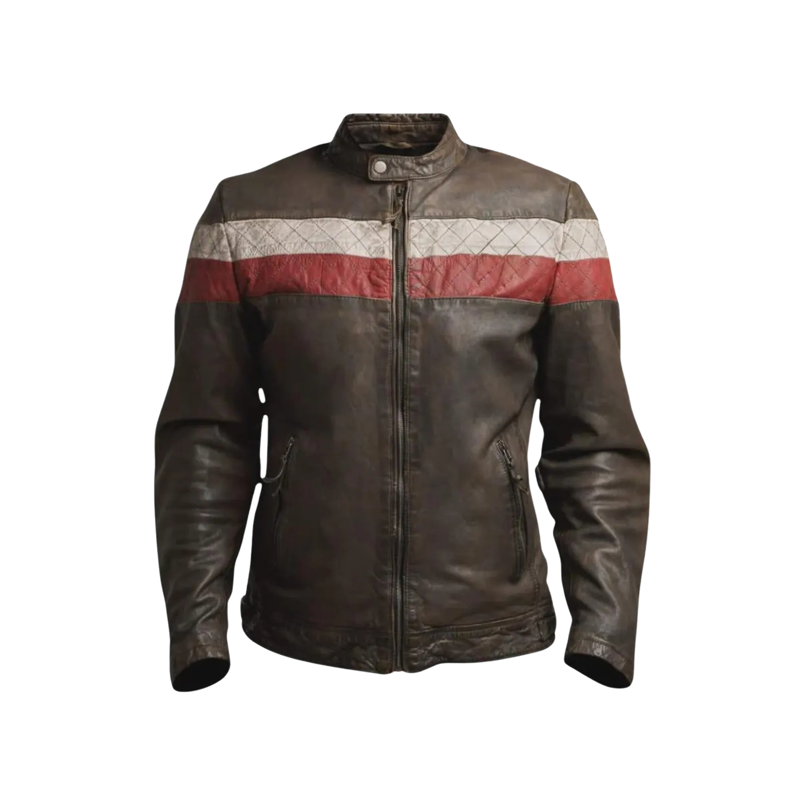 Brown leather jacket with red and white stripe 