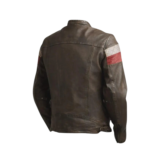 Brown leather jacket with a patch on the sleeve