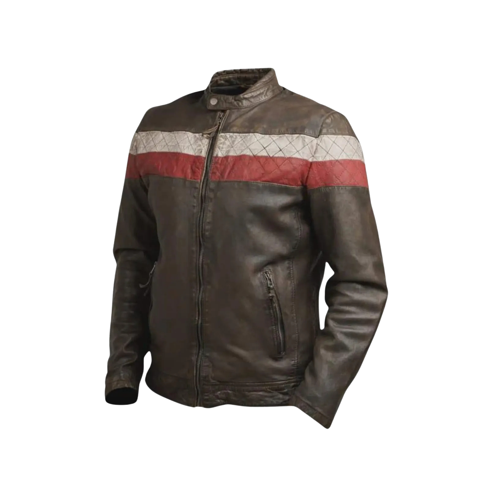 Brown leather jacket with red and gray quilted panel 