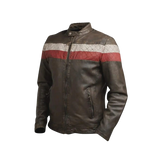 Brown leather jacket with red and gray quilted panel 