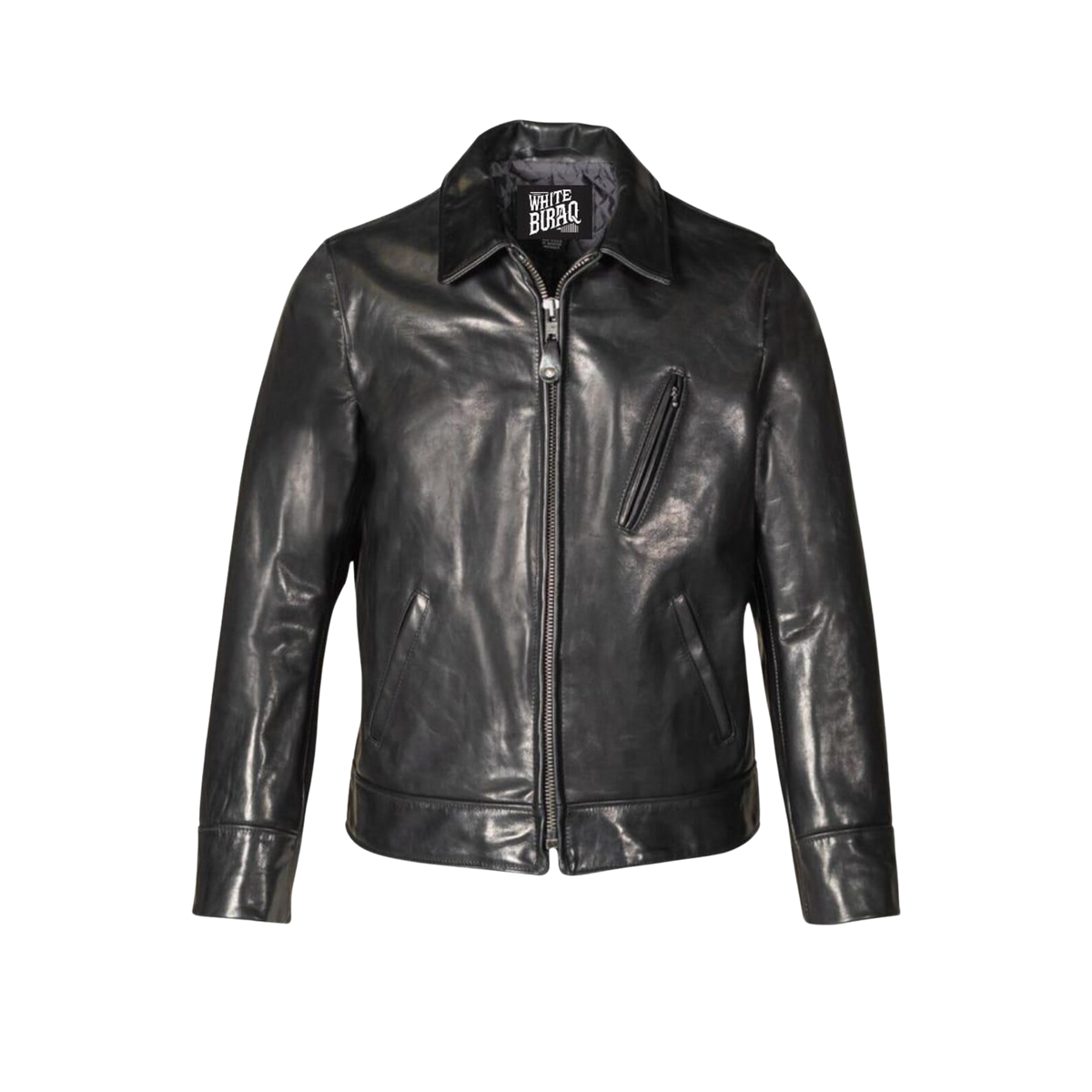 Black leather jacket with a brand logo on a white background