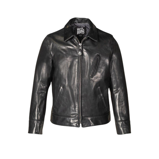 Black leather jacket with a brand logo on a white background