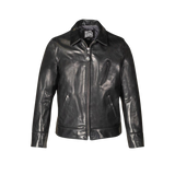 Black leather jacket with a brand logo on a white background