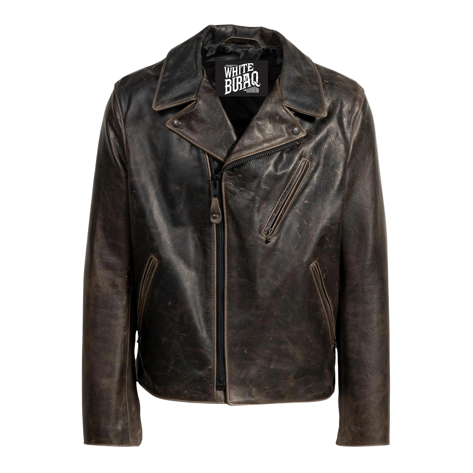 Black leather jacket with a visible brand label