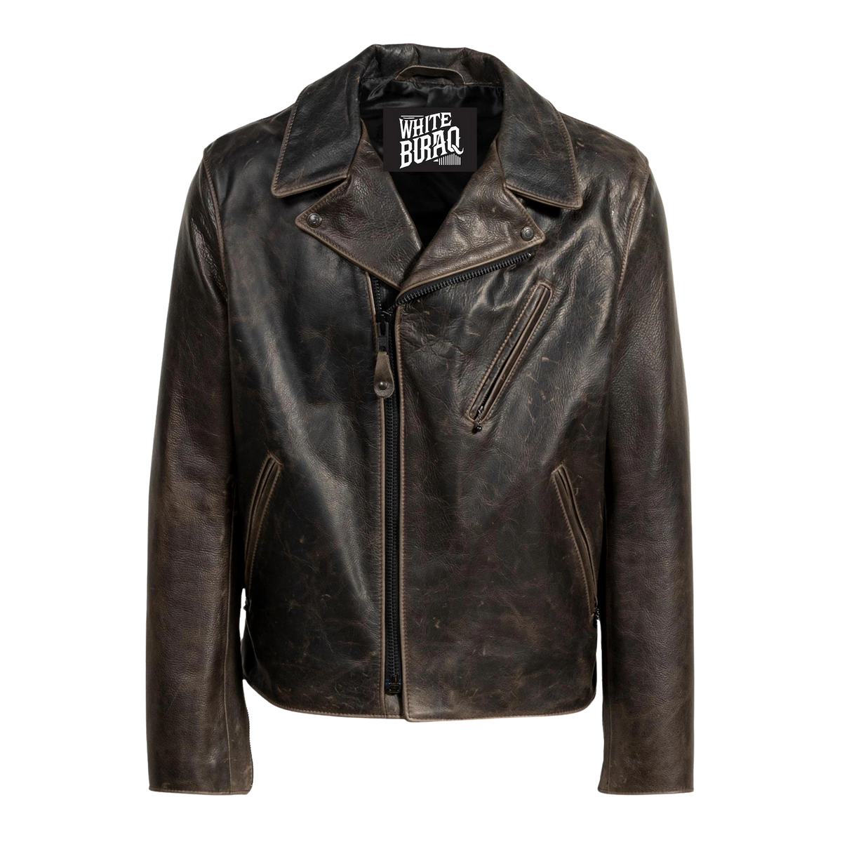 Black leather jacket with a visible brand label