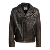 Black leather jacket with a visible brand label