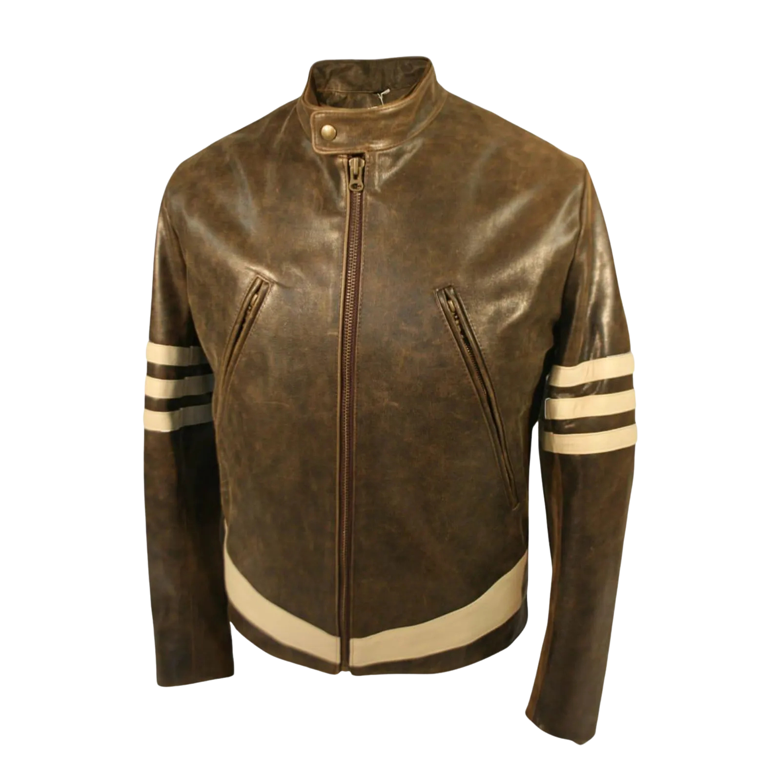 Brown leather jacket with white stripes on sleeves 