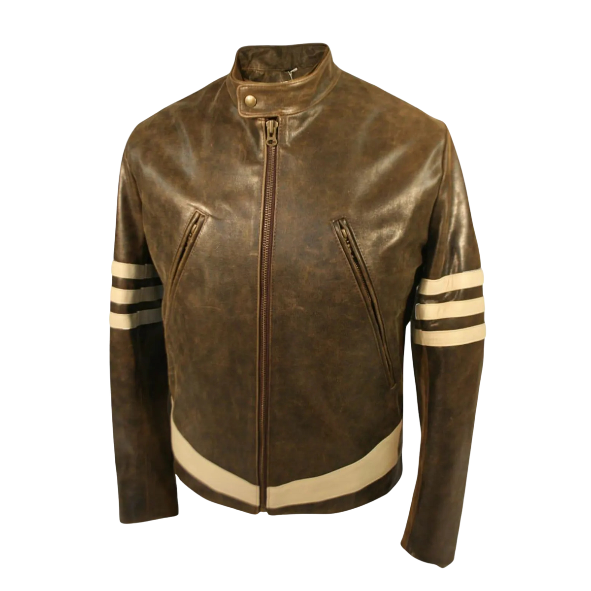 Brown leather jacket with white stripes on sleeves 
