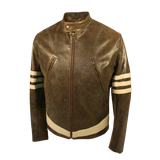Brown leather jacket with white stripes on sleeves 