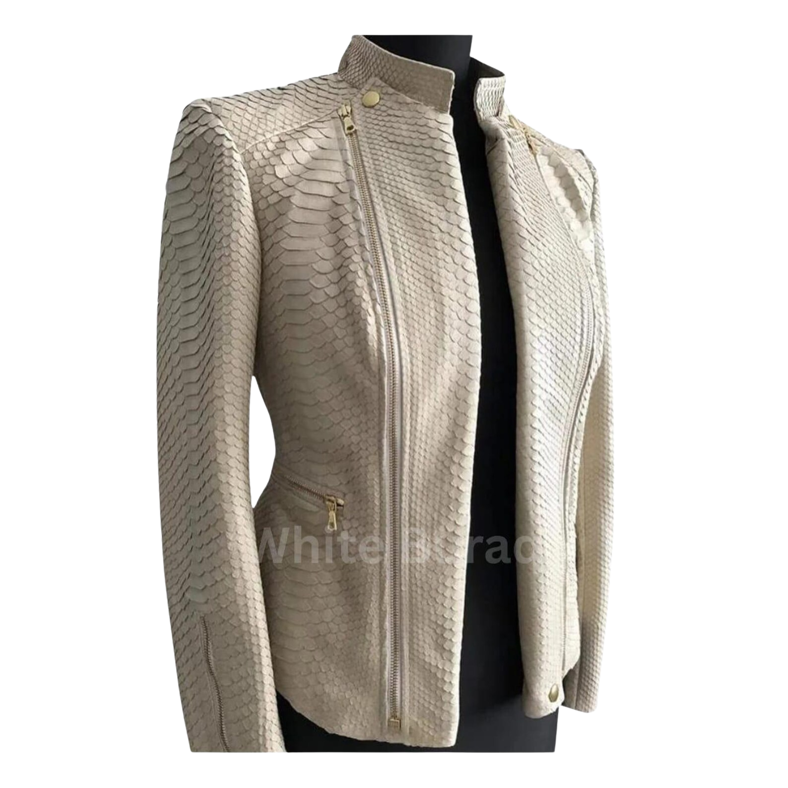Beige textured jacket on a mannequin 