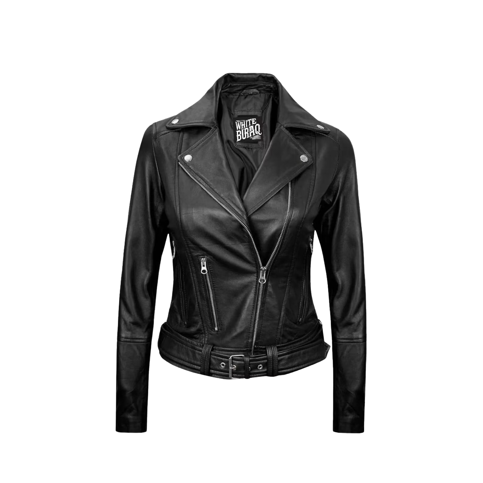 Black leather jacket with a visible brand logo 
