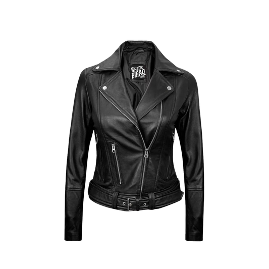 Black leather jacket with a visible brand logo 