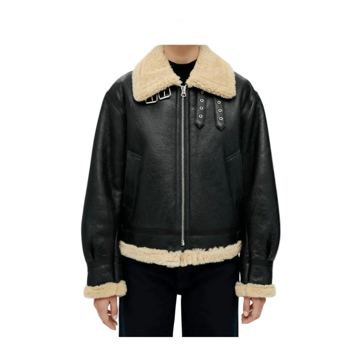 Black leather jacket with beige fur collar and cuffs 