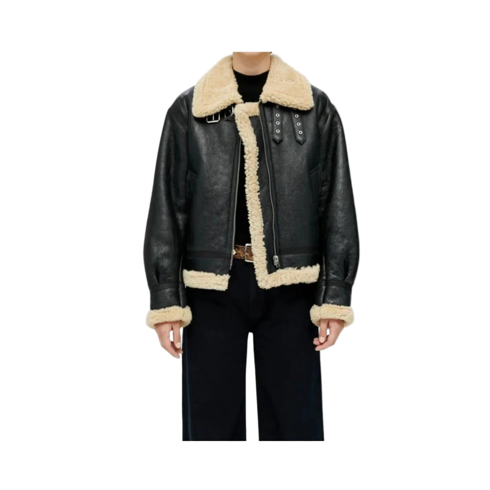 Black leather jacket with beige shearling collar and cuffs