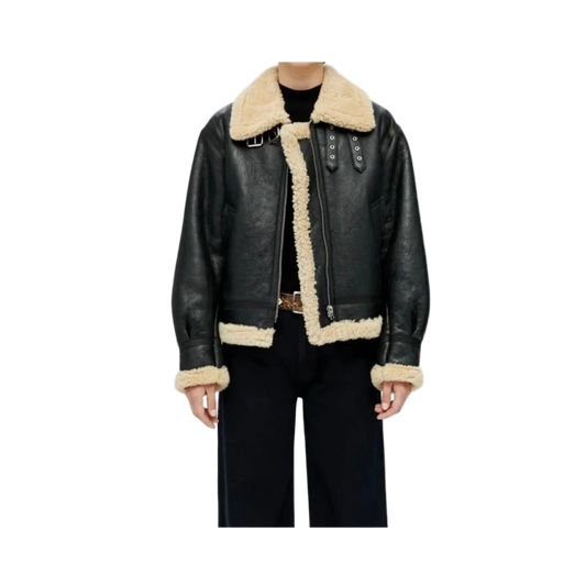 Black leather jacket with beige shearling collar and cuffs
