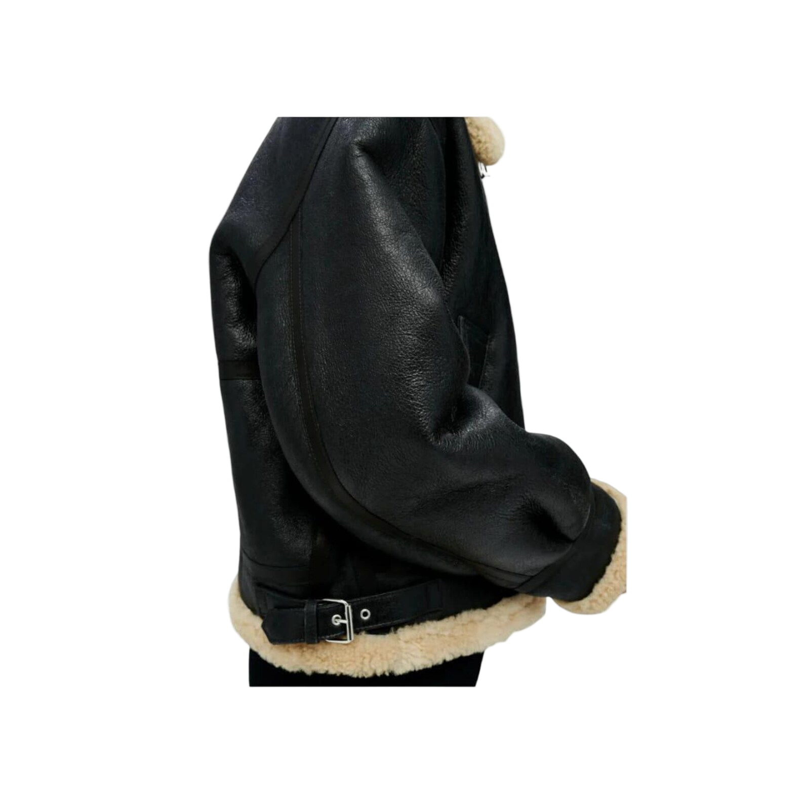 Black leather jacket with beige fur lining 