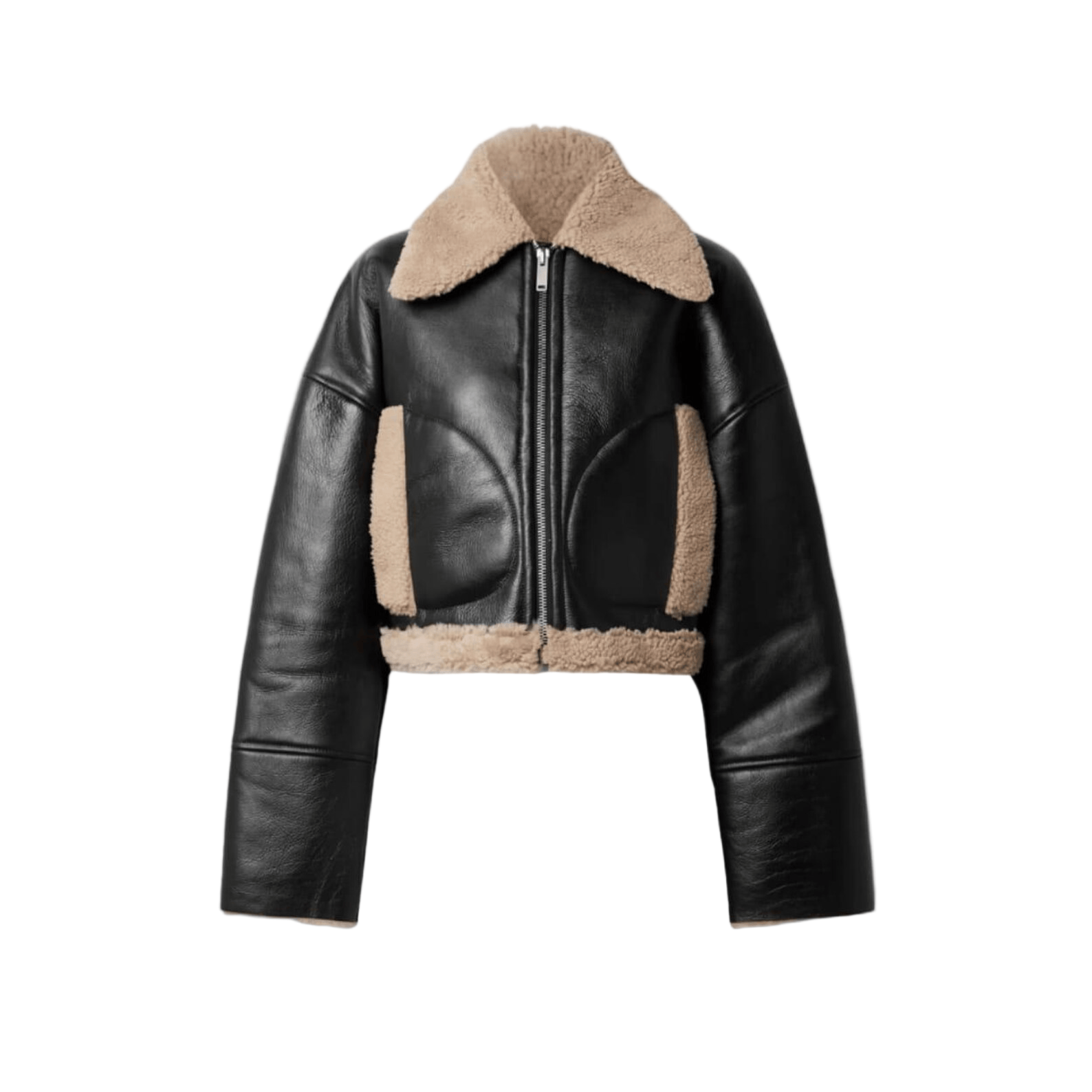 Black leather jacket with beige shearling collar and cuffs 
