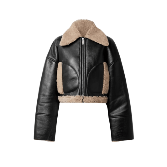 Black leather jacket with beige shearling collar and cuffs 