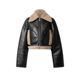 Black leather jacket with beige shearling collar and cuffs 