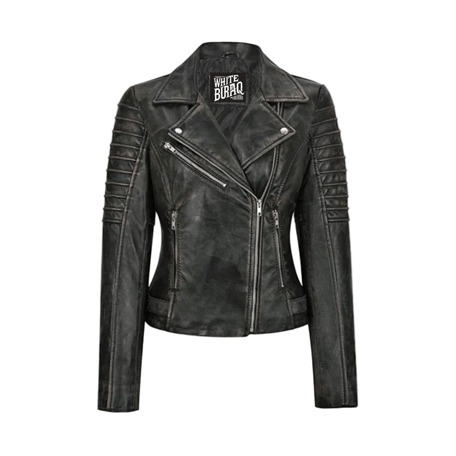 Black leather jacket with visible branding 
