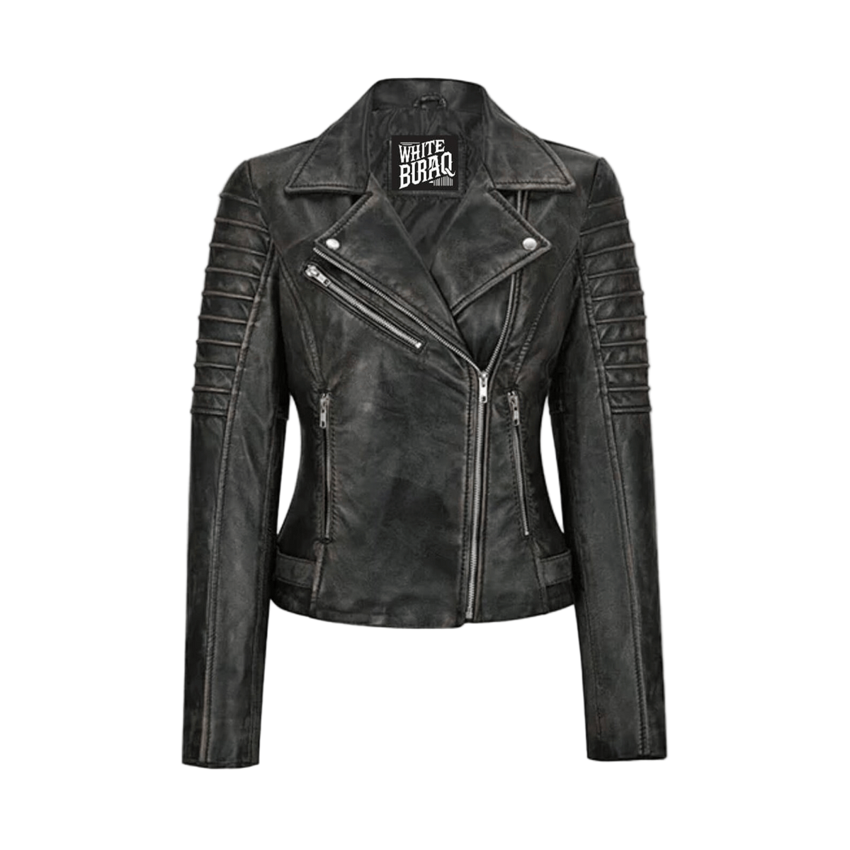 Black leather jacket with visible branding 