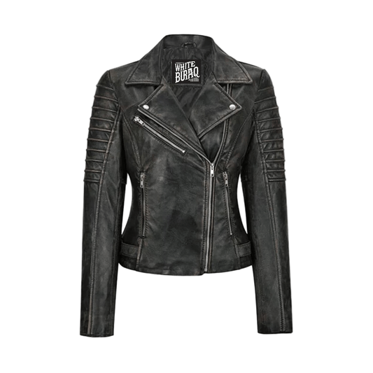Black leather jacket with visible branding 
