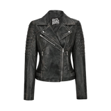 Black leather jacket with visible branding 