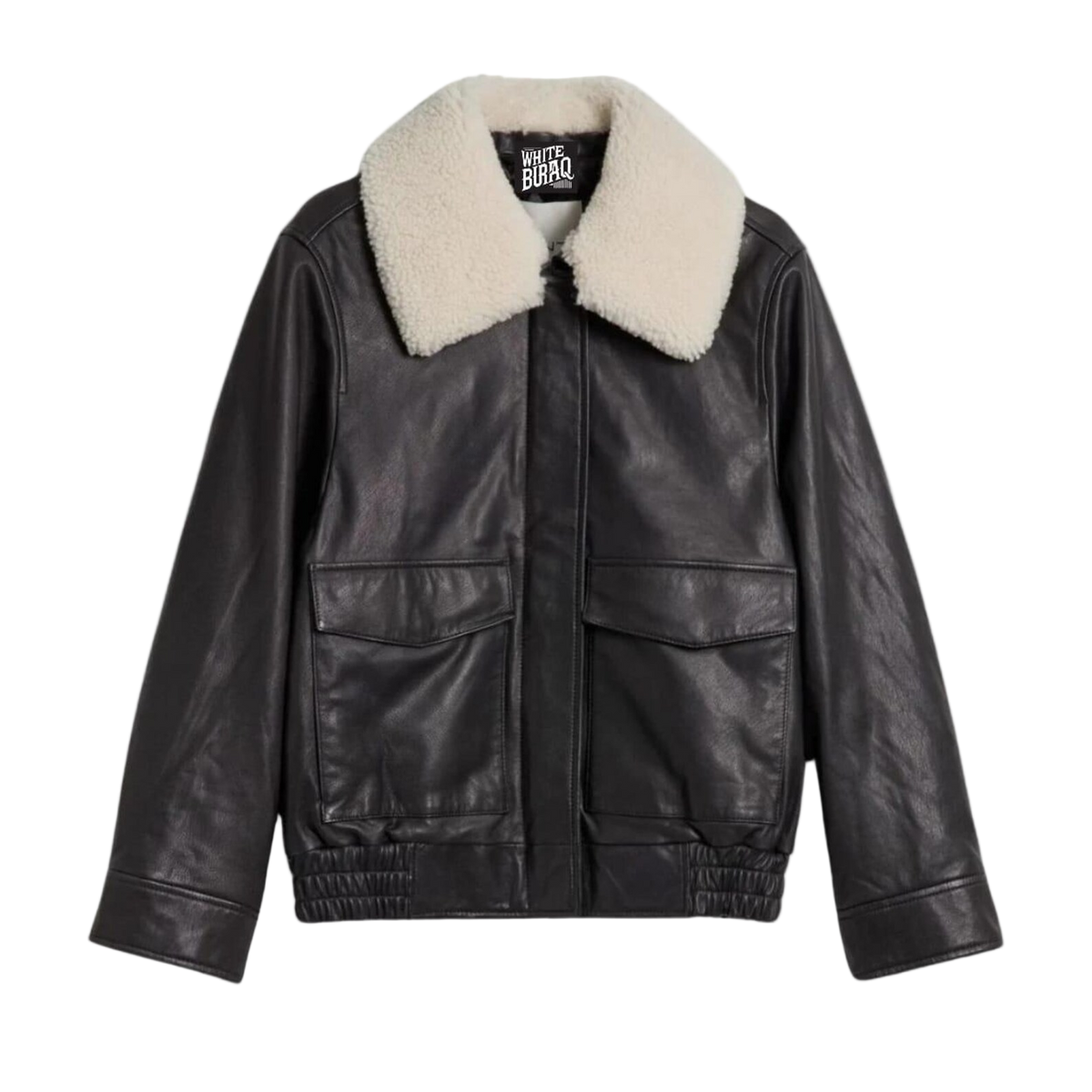 Black leather jacket with white fur collar 