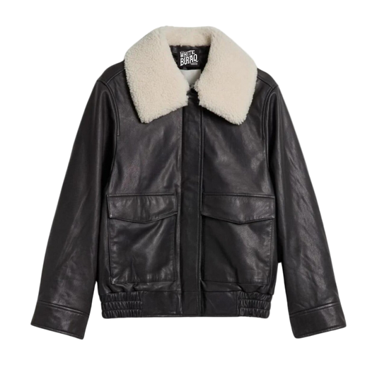 Black leather jacket with white fur collar 
