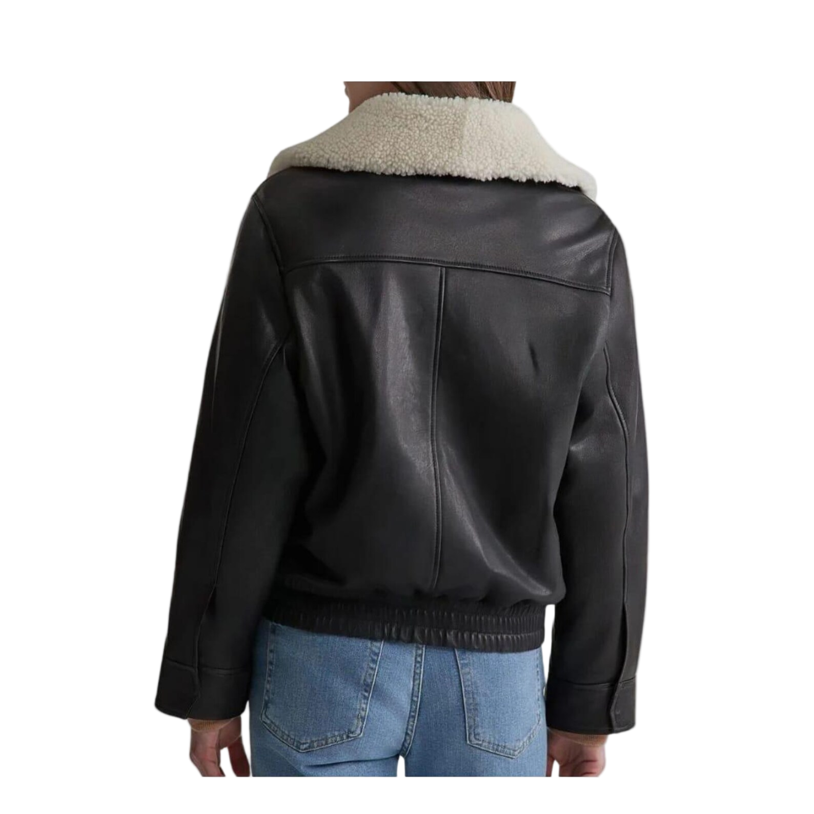 Black leather jacket with white fur collar