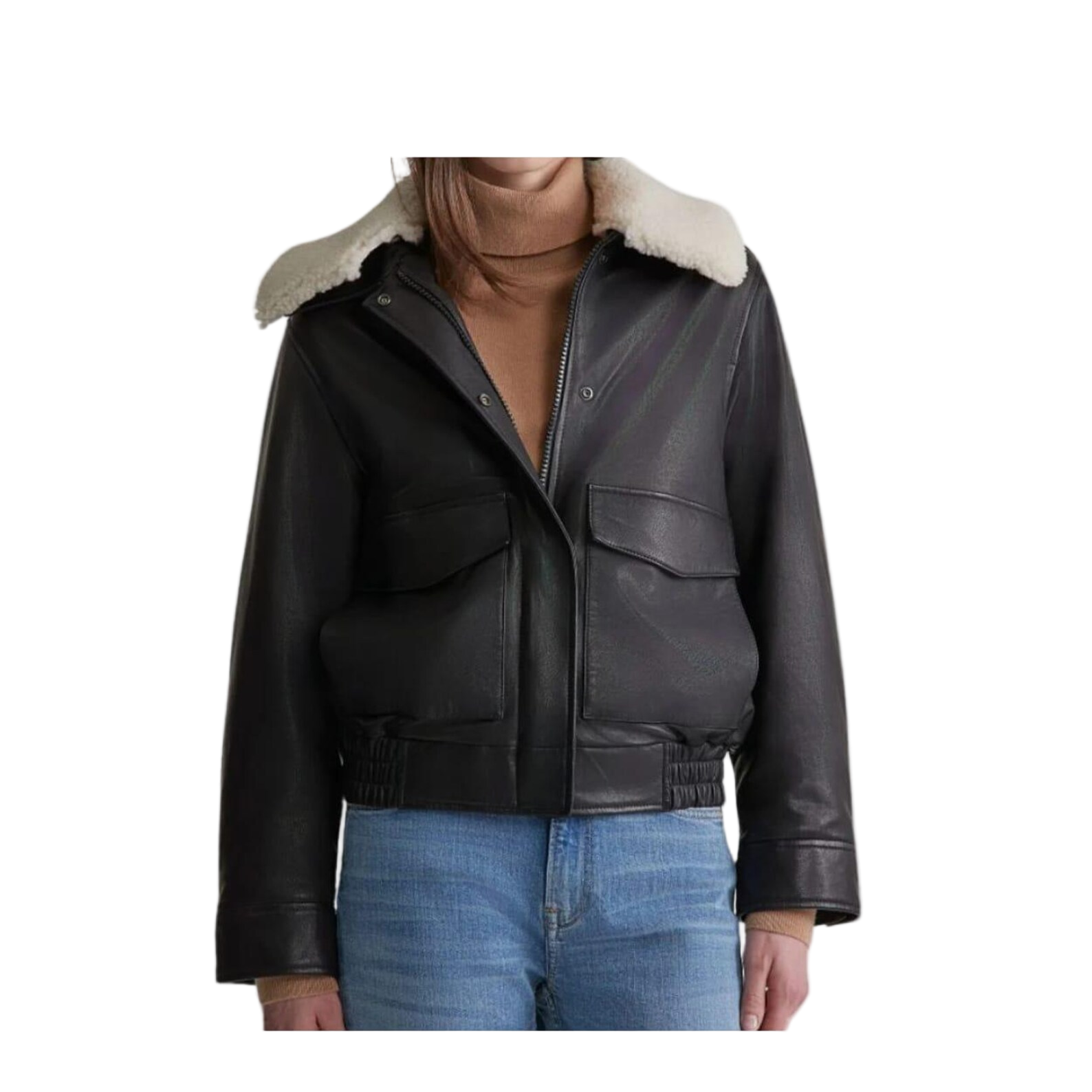 Black leather jacket with white fur lining 