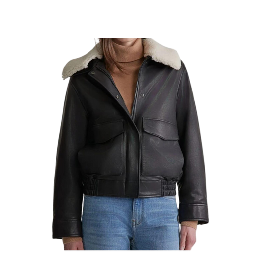 Black leather jacket with white fur lining 