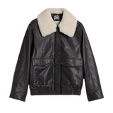 Black leather jacket with white fur collar 