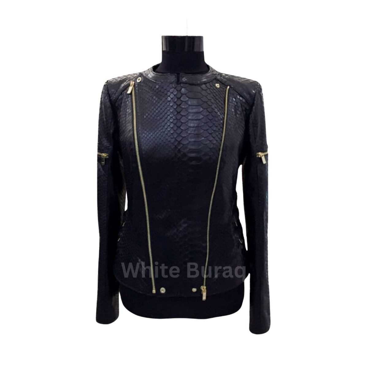 Black leather jacket with gold zippers 