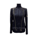 Black leather jacket with gold zippers 
