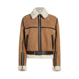 Brown leather jacket with white fur lining 