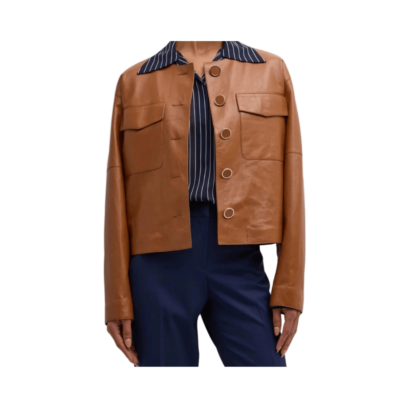 Brown leather jacket with striped shirt and navy pants