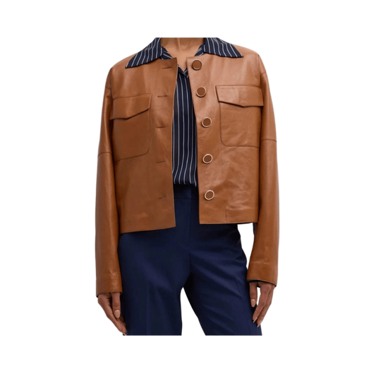 Brown leather jacket with striped shirt and navy pants