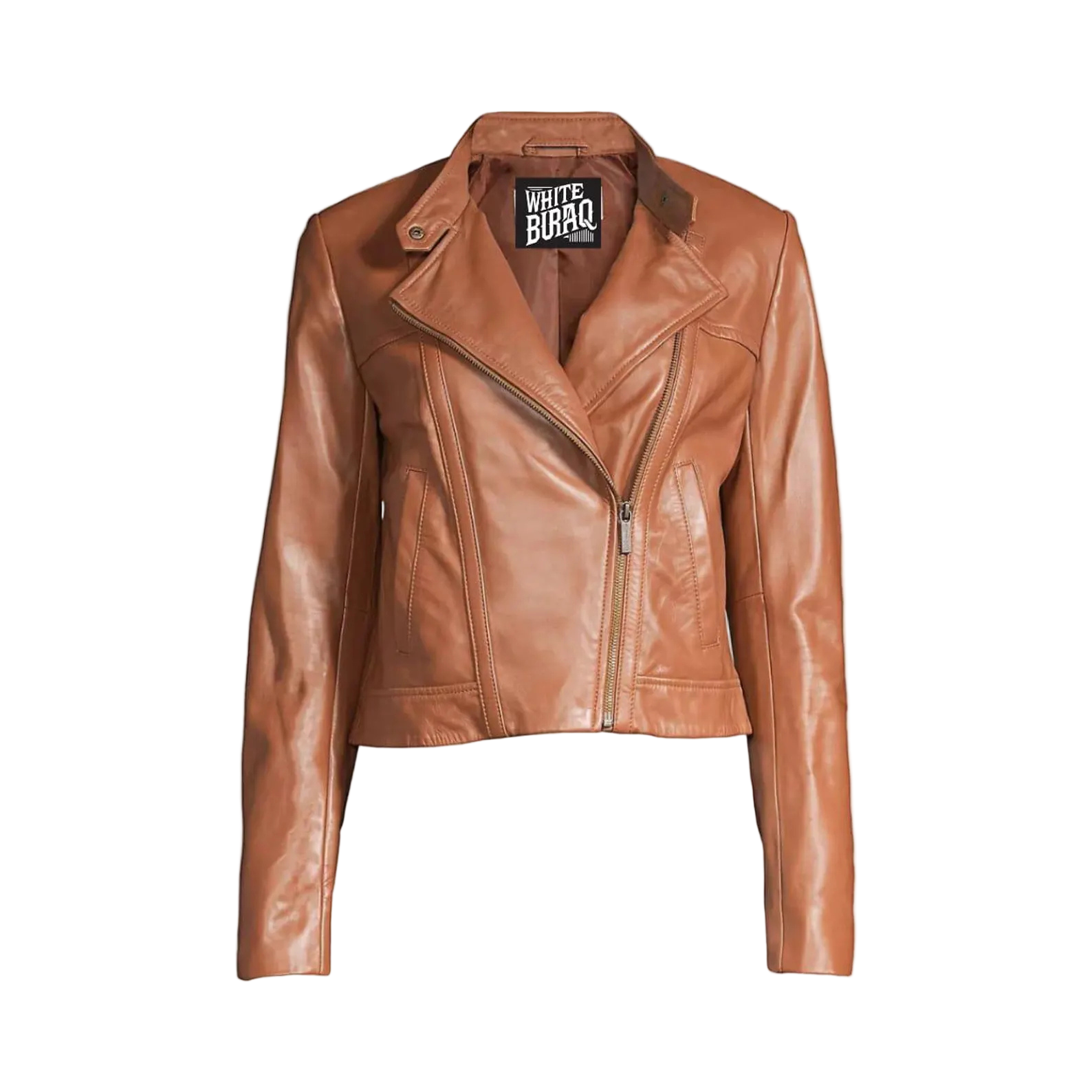 Brown leather jacket with a visible brand label 